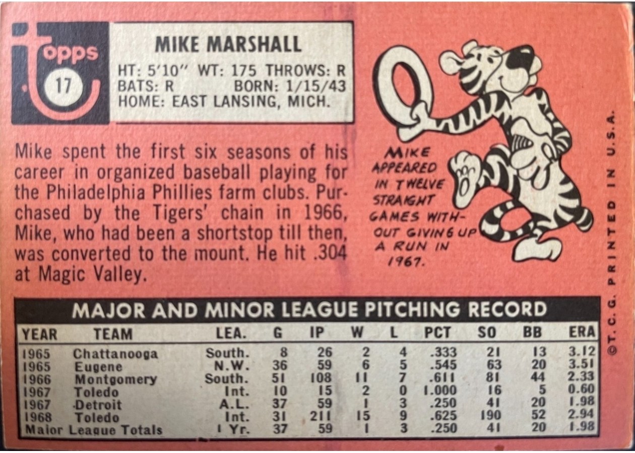 1969 Topps #17 Mike Marshall card back