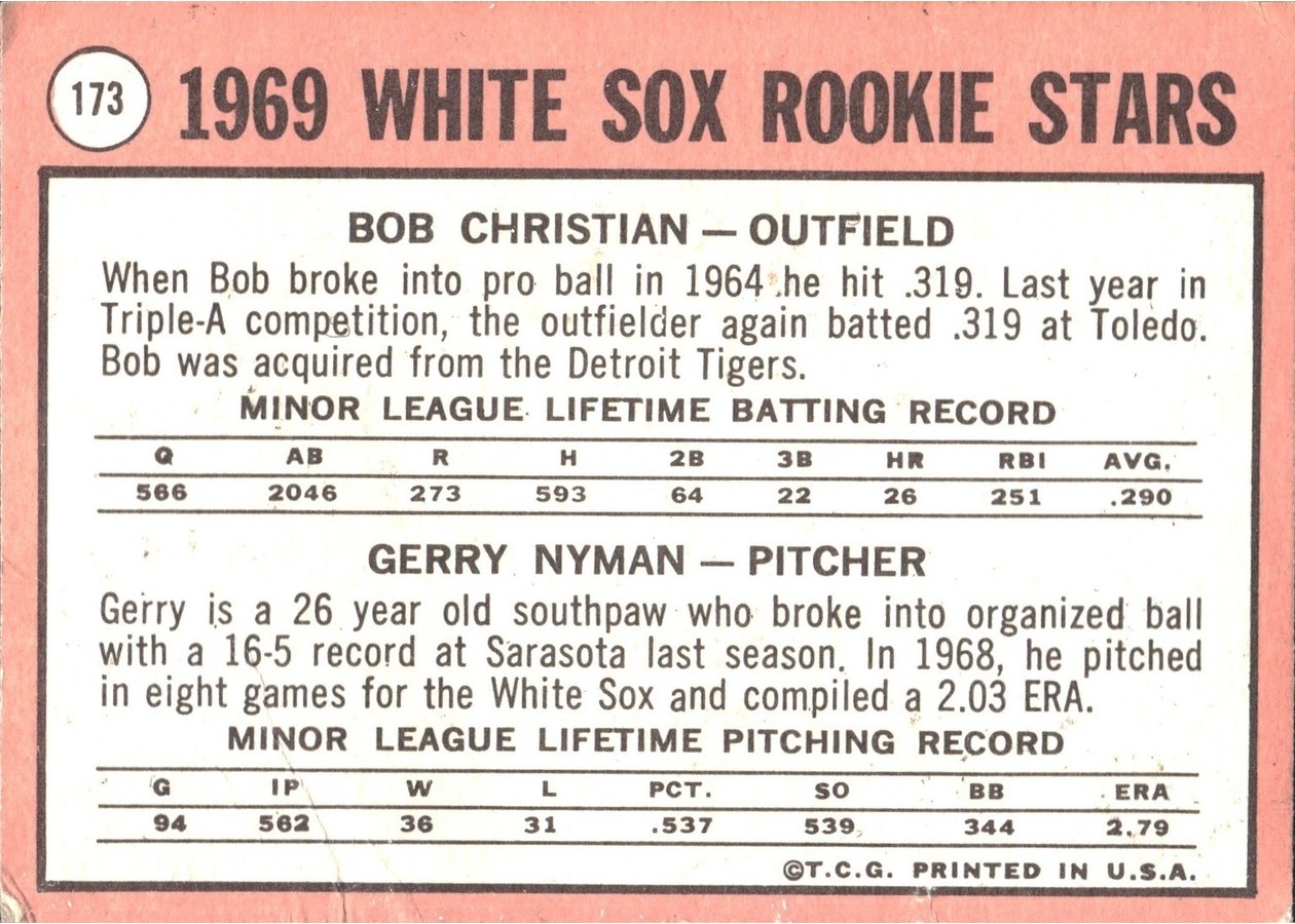 1969 Topps #173 White Sox 1969 Rookie Stars card back