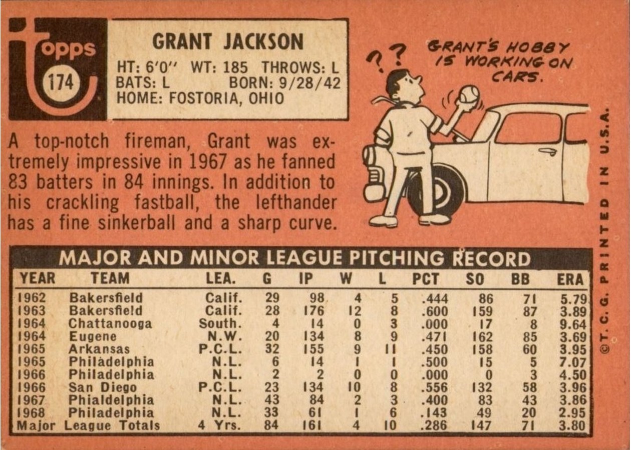 1969 Topps #174 Grant Jackson card back