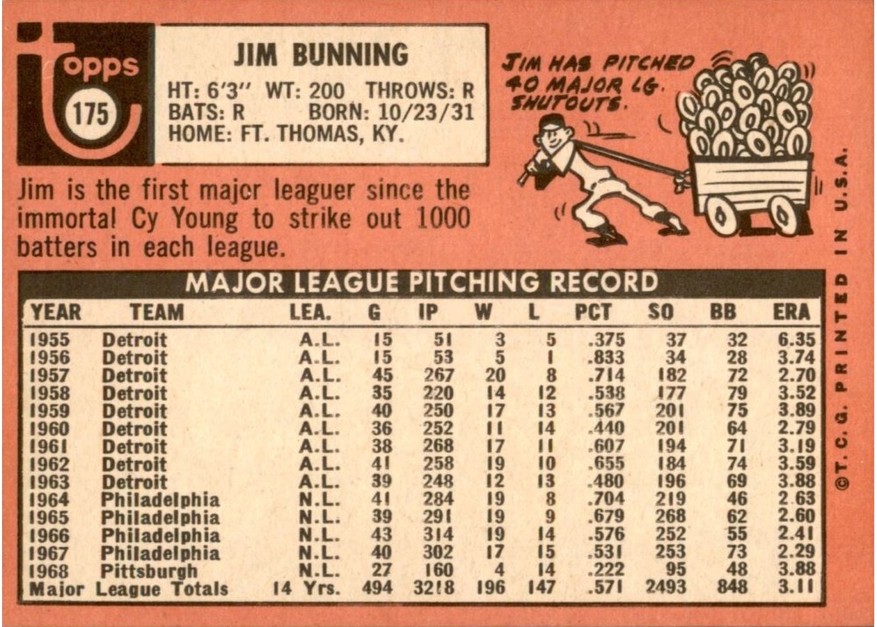 1969 Topps #175 Jim Bunning card back