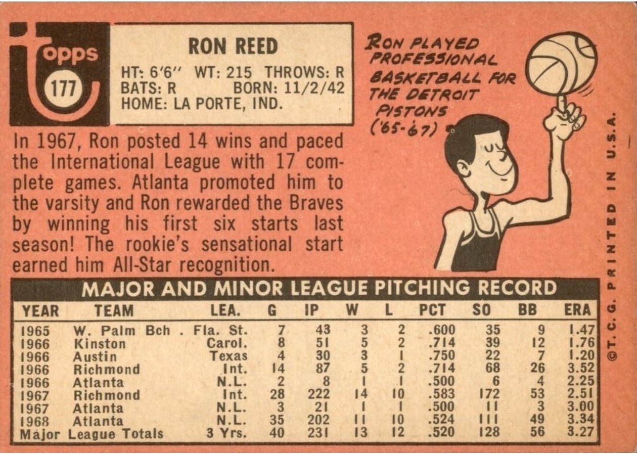 1969 Topps #177 Ron Reed card back