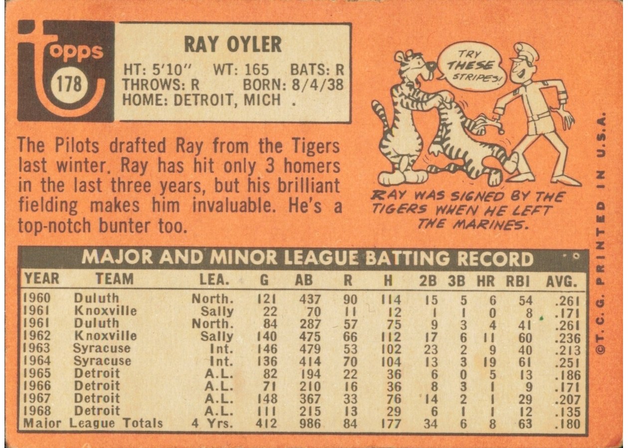 1969 Topps #178 Ray Oyler card back