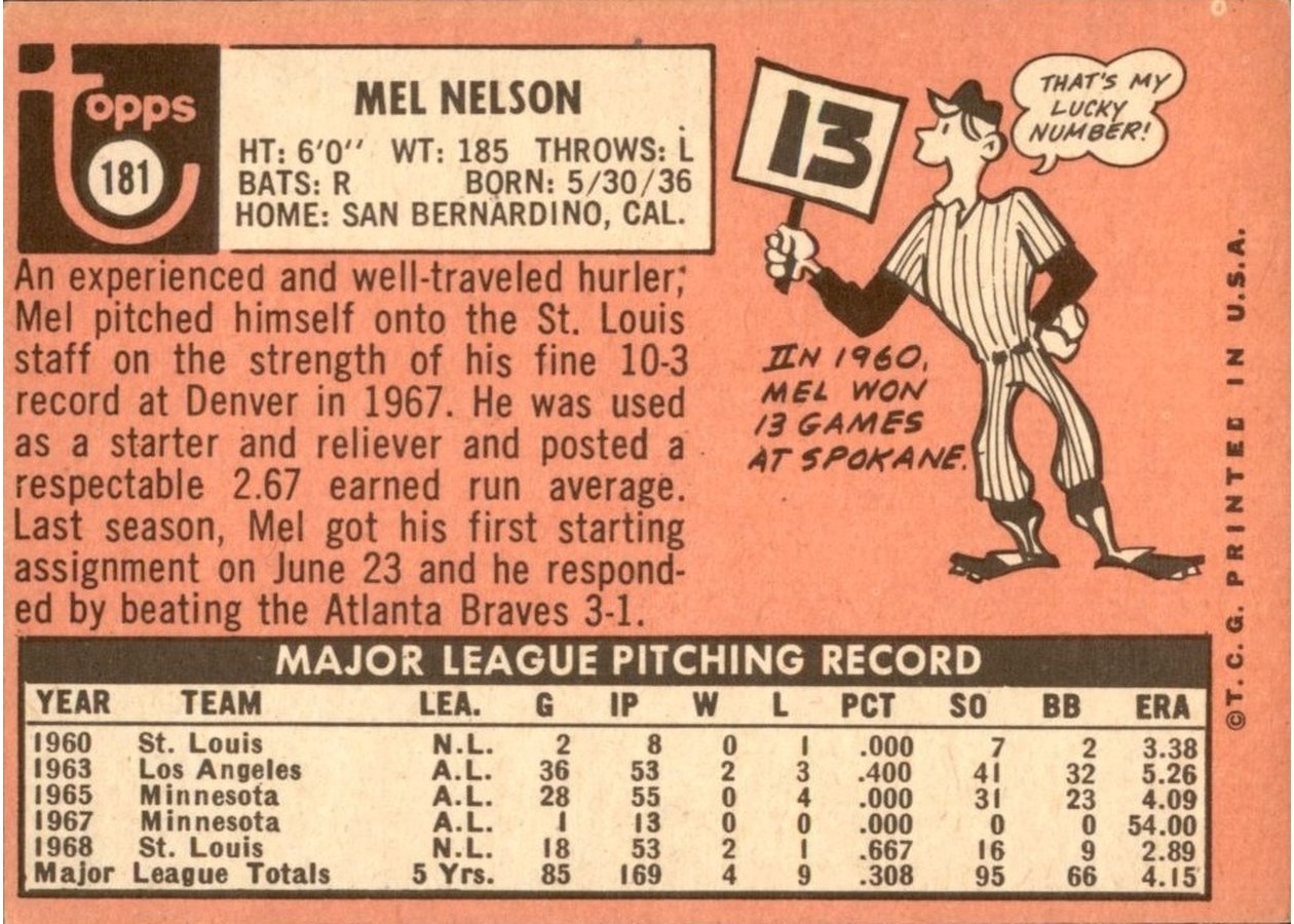 1969 Topps #181 Mel Nelson card back