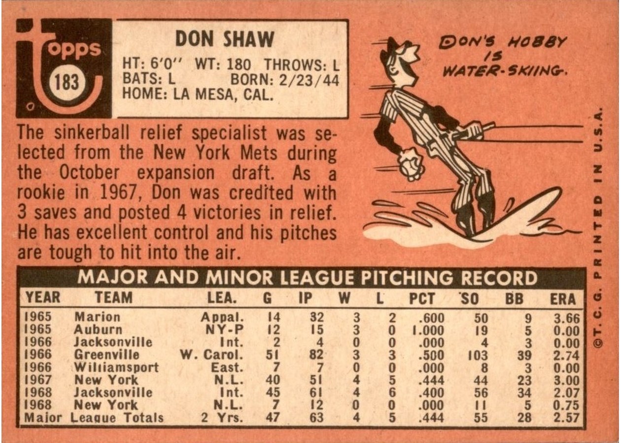 1969 Topps #183 Don Shaw card back