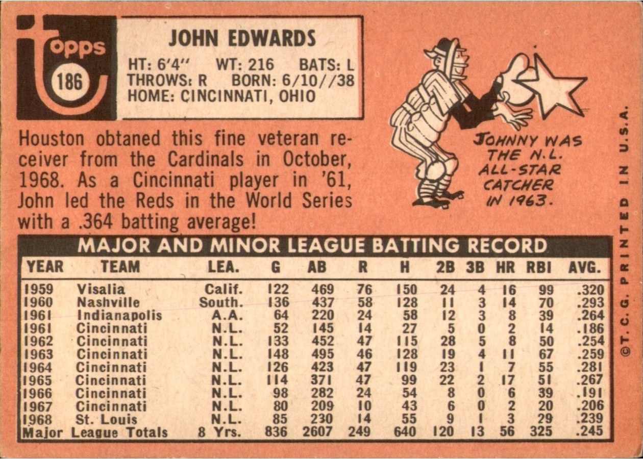 1969 Topps #186 John Edwards card back