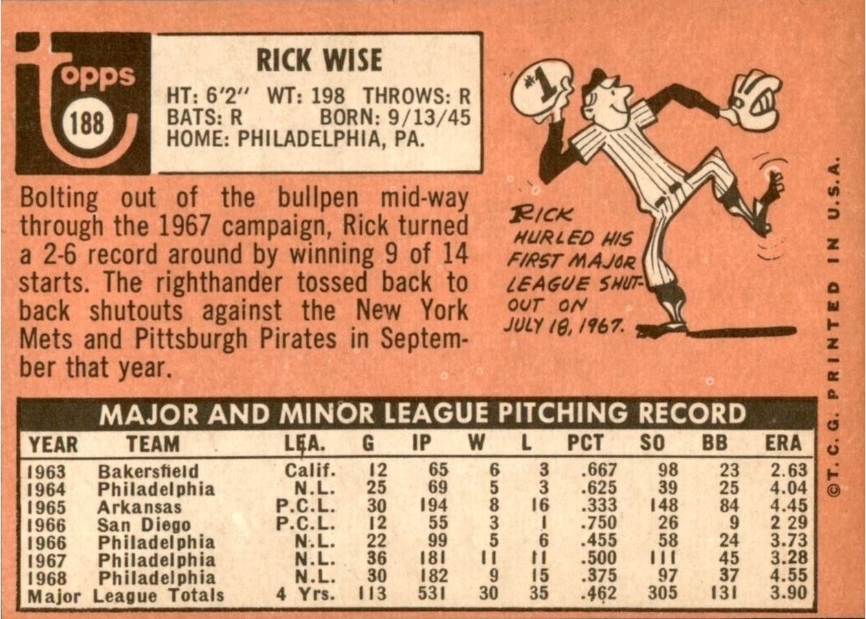 1969 Topps #188 Rick Wise card back