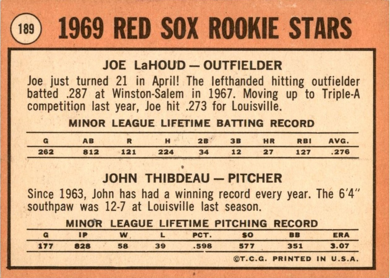 1969 Topps #189 Red Sox 1969 Rookie Stars card back