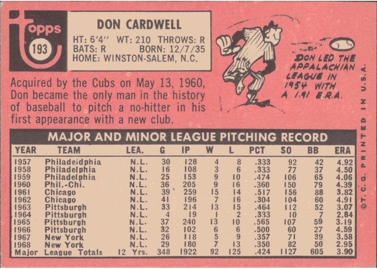 1969 Topps #193 Don Cardwell card back
