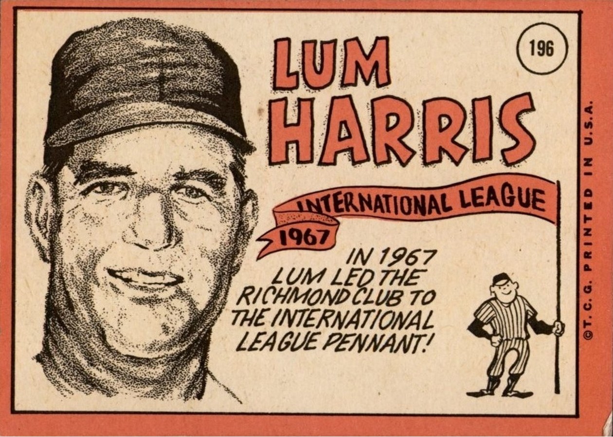 1969 Topps #196 Lum Harris card back