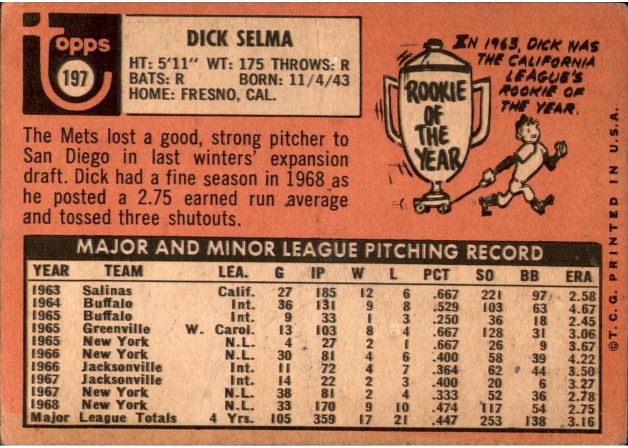 1969 Topps #197 Dick Selma card back