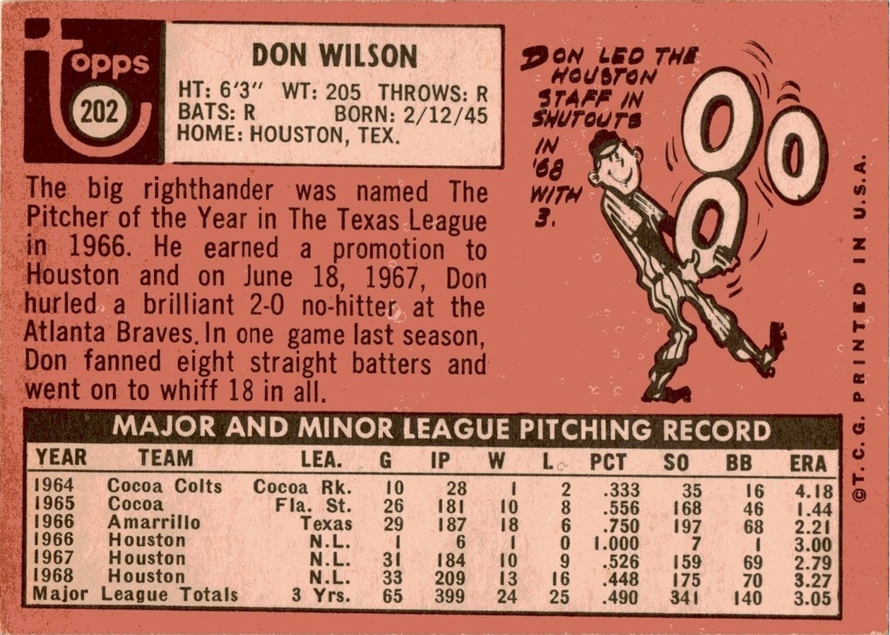 1969 Topps #202 Don Wilson card back