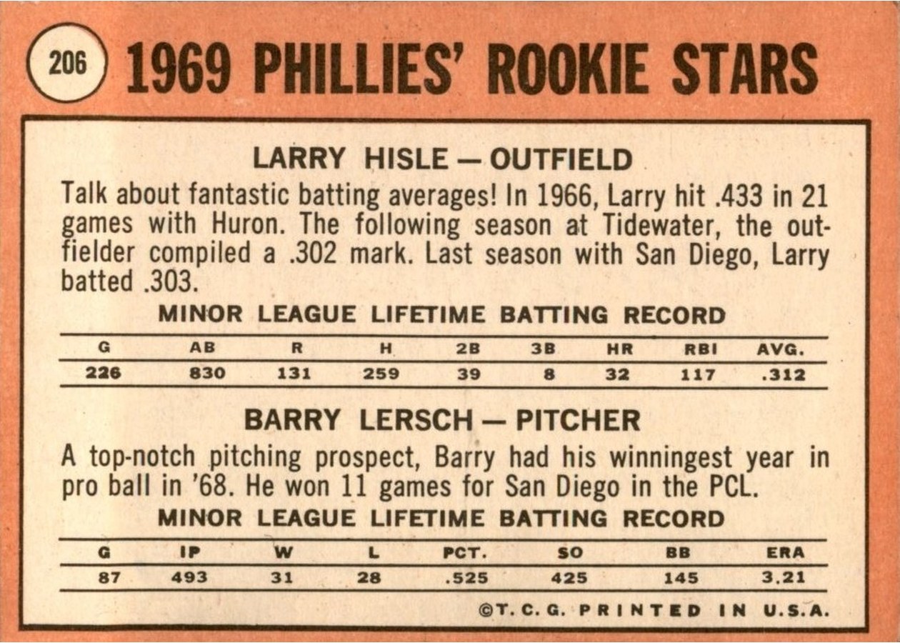 1969 Topps #206 Phillies 1969 Rookie Stars card back