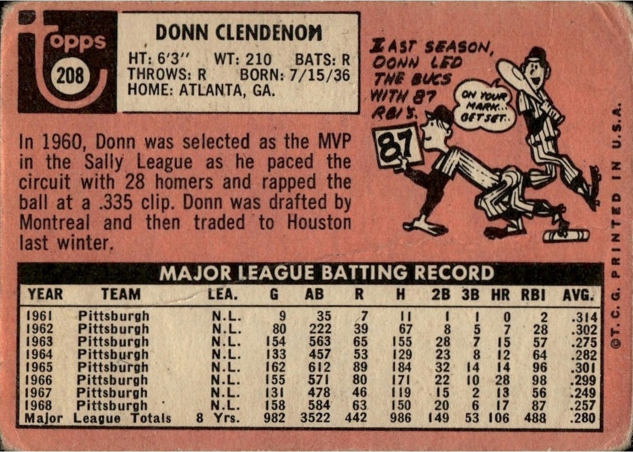 1969 Topps #208 Donn Clendenon card back