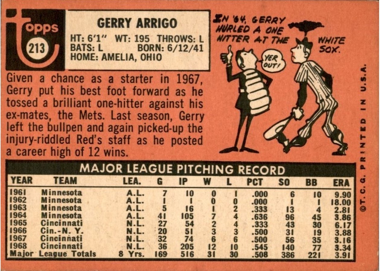 1969 Topps #213 Gerry Arrigo card back