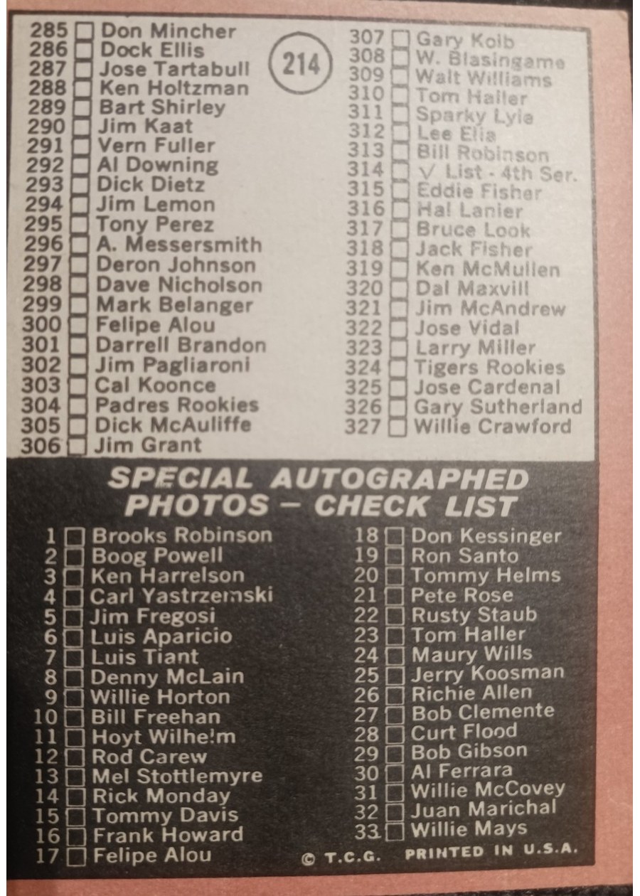 1969 Topps #214 3rd Series Check List: 219-327 card back