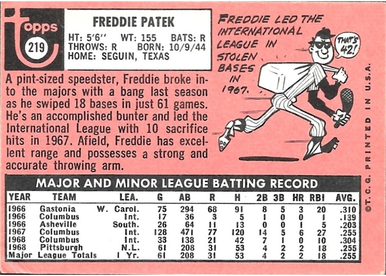 1969 Topps #219 Freddie Patek card back