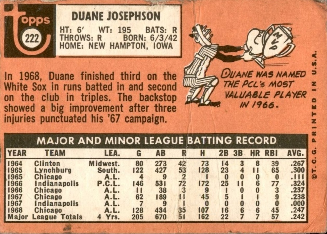 1969 Topps #222 Duane Josephson card back