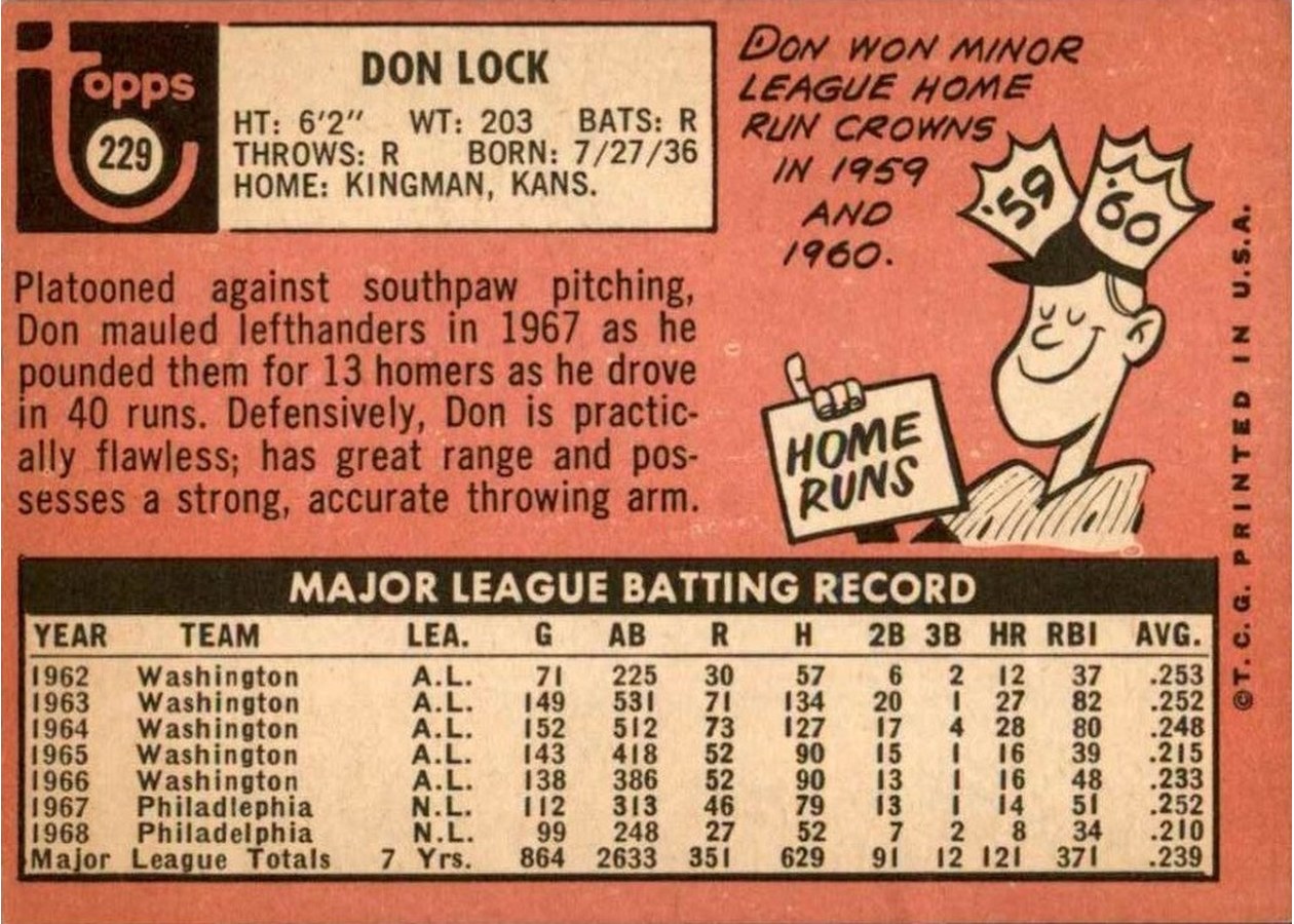 1969 Topps #229 Don Lock card back