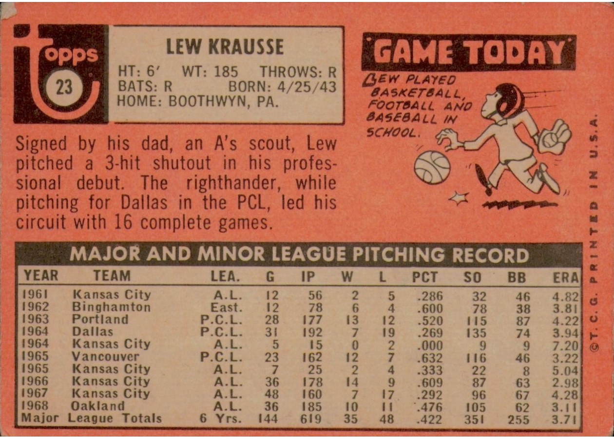 1969 Topps #23 Lew Krausse card back