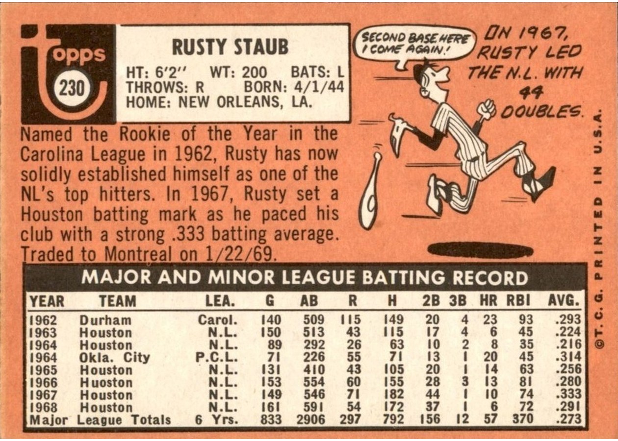 1969 Topps #230 Rusty Staub card back