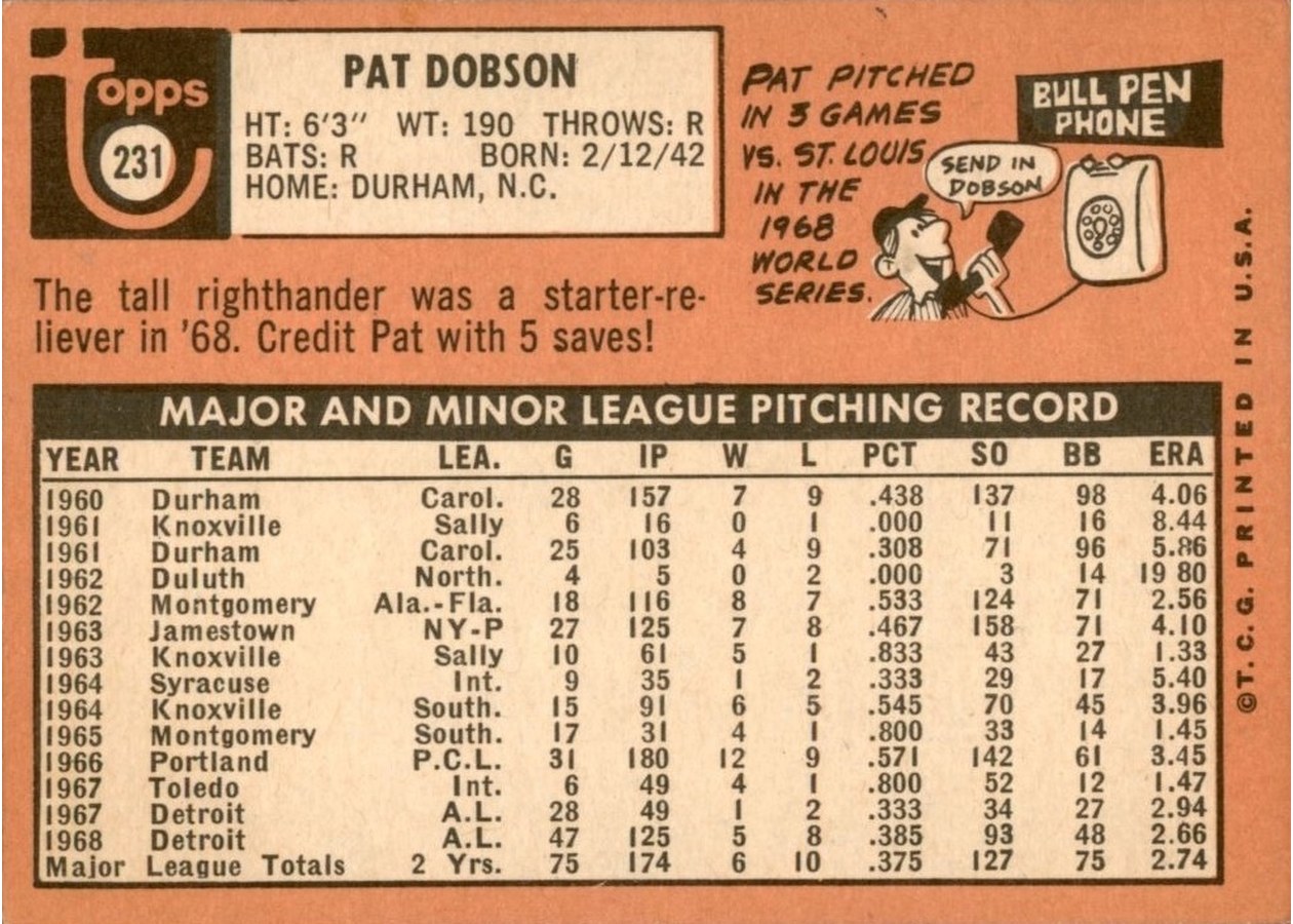 1969 Topps #231 Pat Dobson card back
