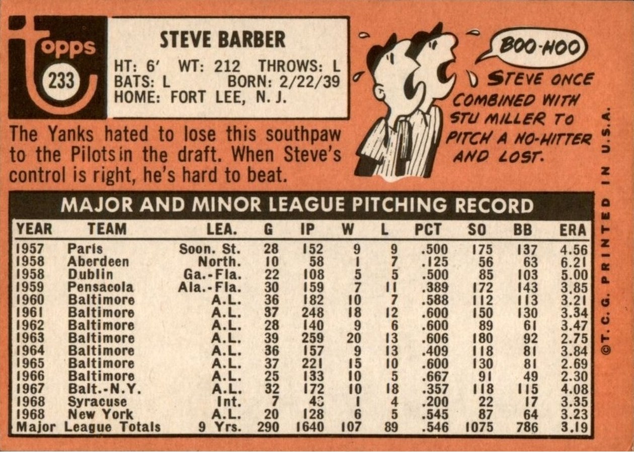 1969 Topps #233 Steve Barber card back