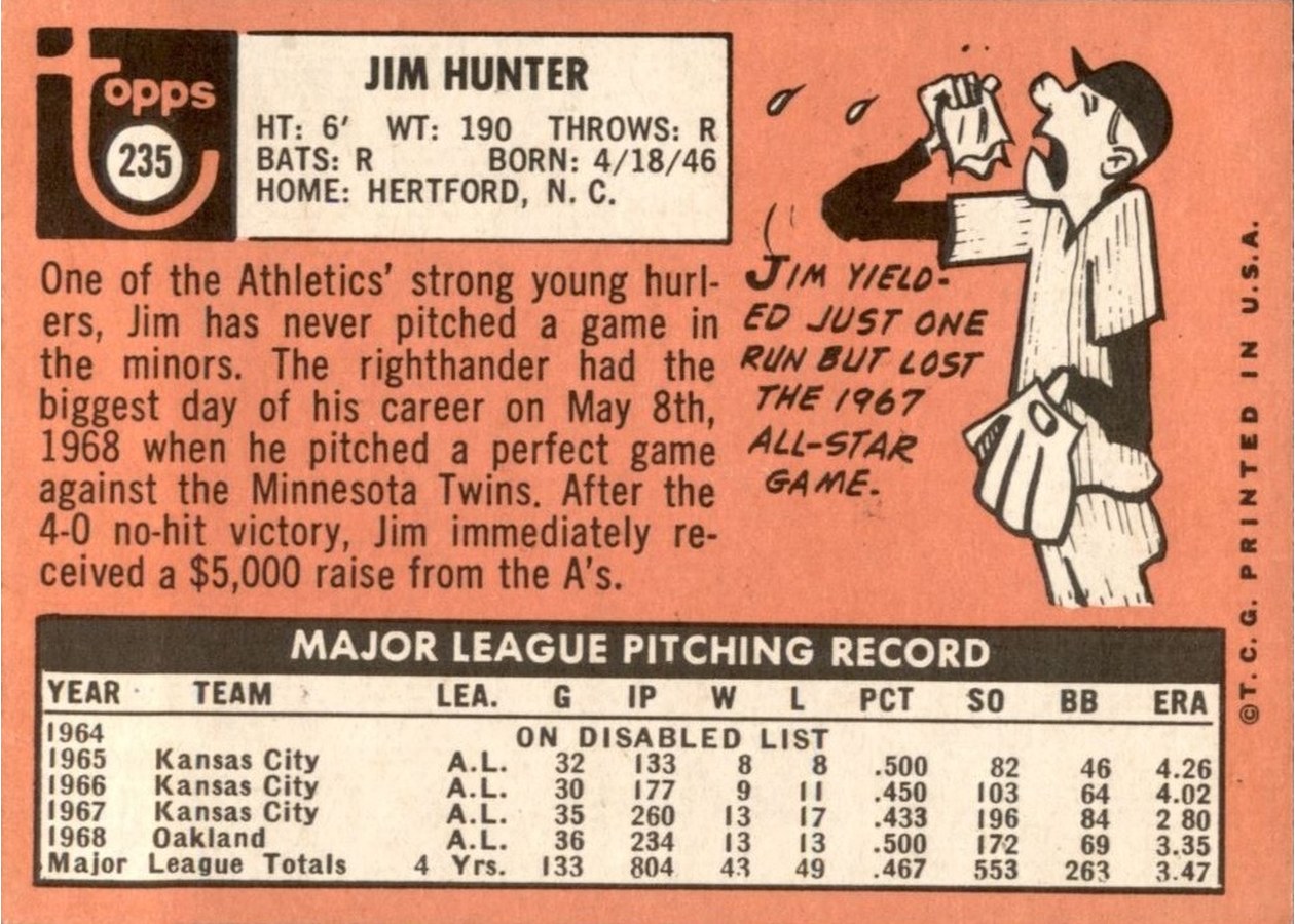 1969 Topps #235 Jim Hunter card back
