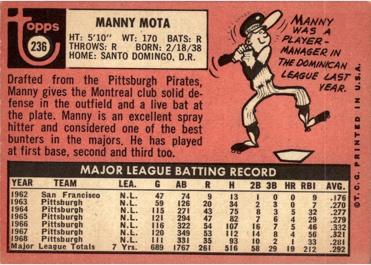 1969 Topps #236 Manny Mota card back