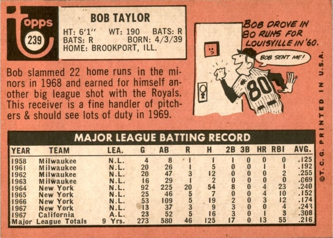 1969 Topps #239 Bob Taylor card back