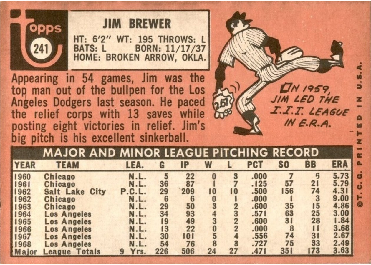 1969 Topps #241 Jim Brewer card back