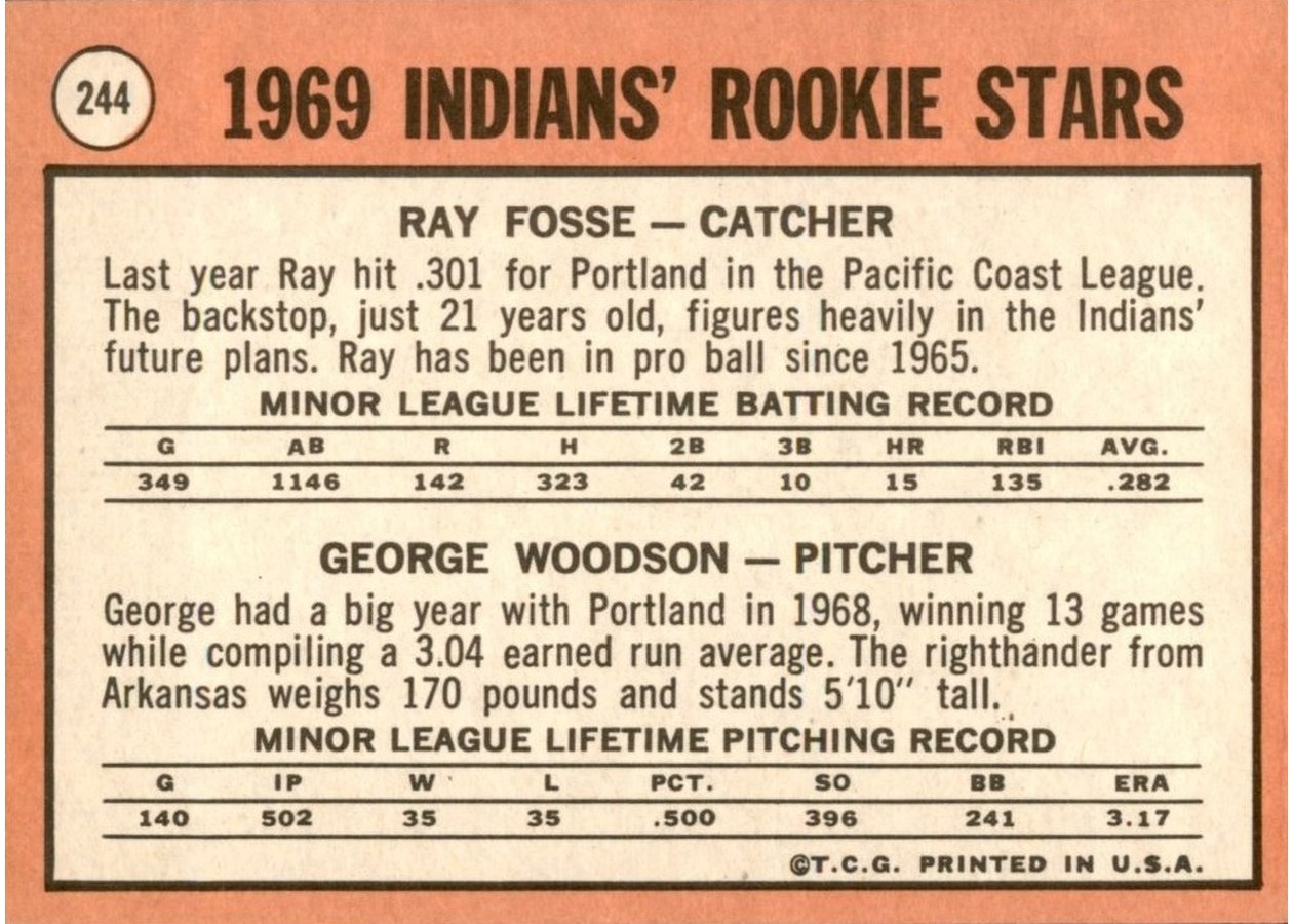 1969 Topps #244 Indians 1969 Rookie Stars card back
