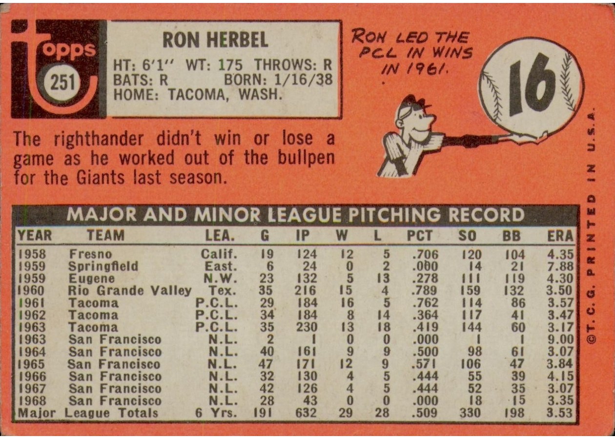 1969 Topps #251 Ron Herbel card back