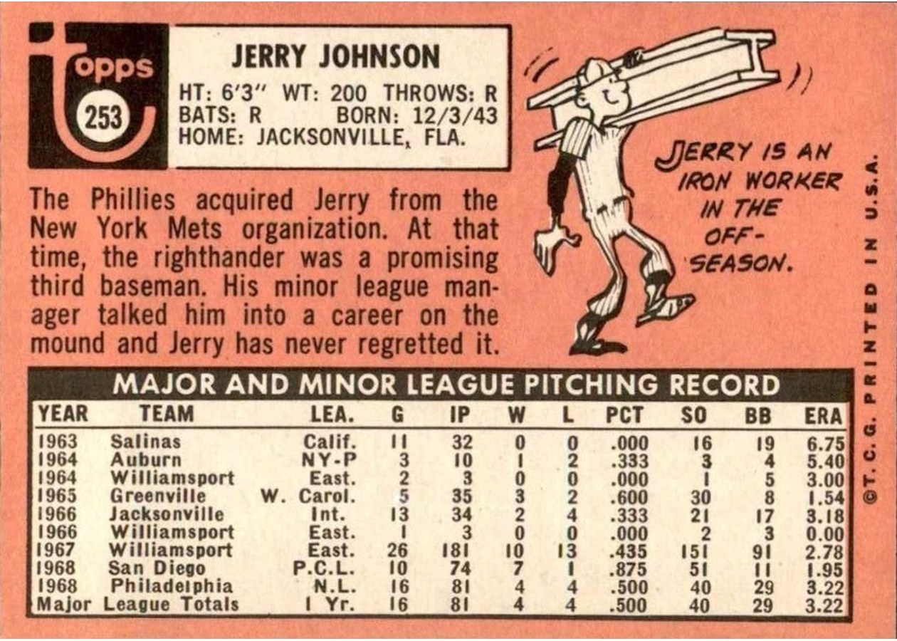 1969 Topps #253 Jerry Johnson card back