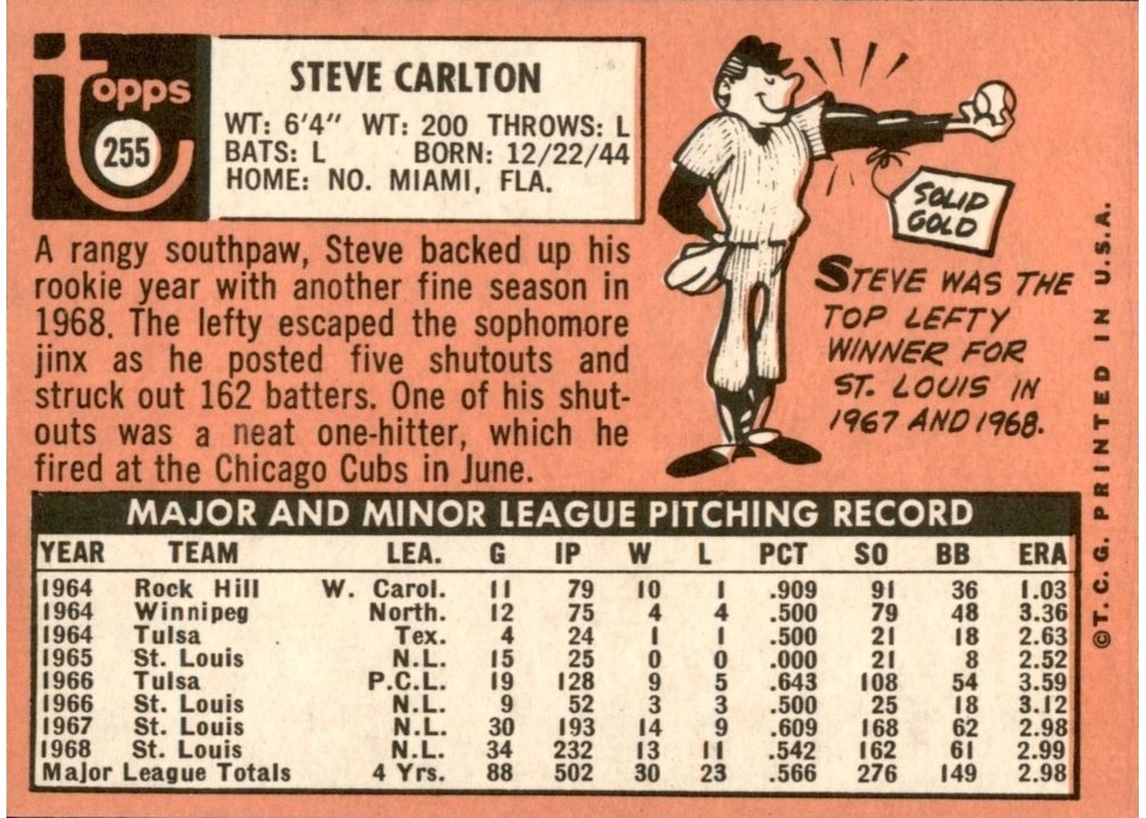 1969 Topps #255 Steve Carlton card back