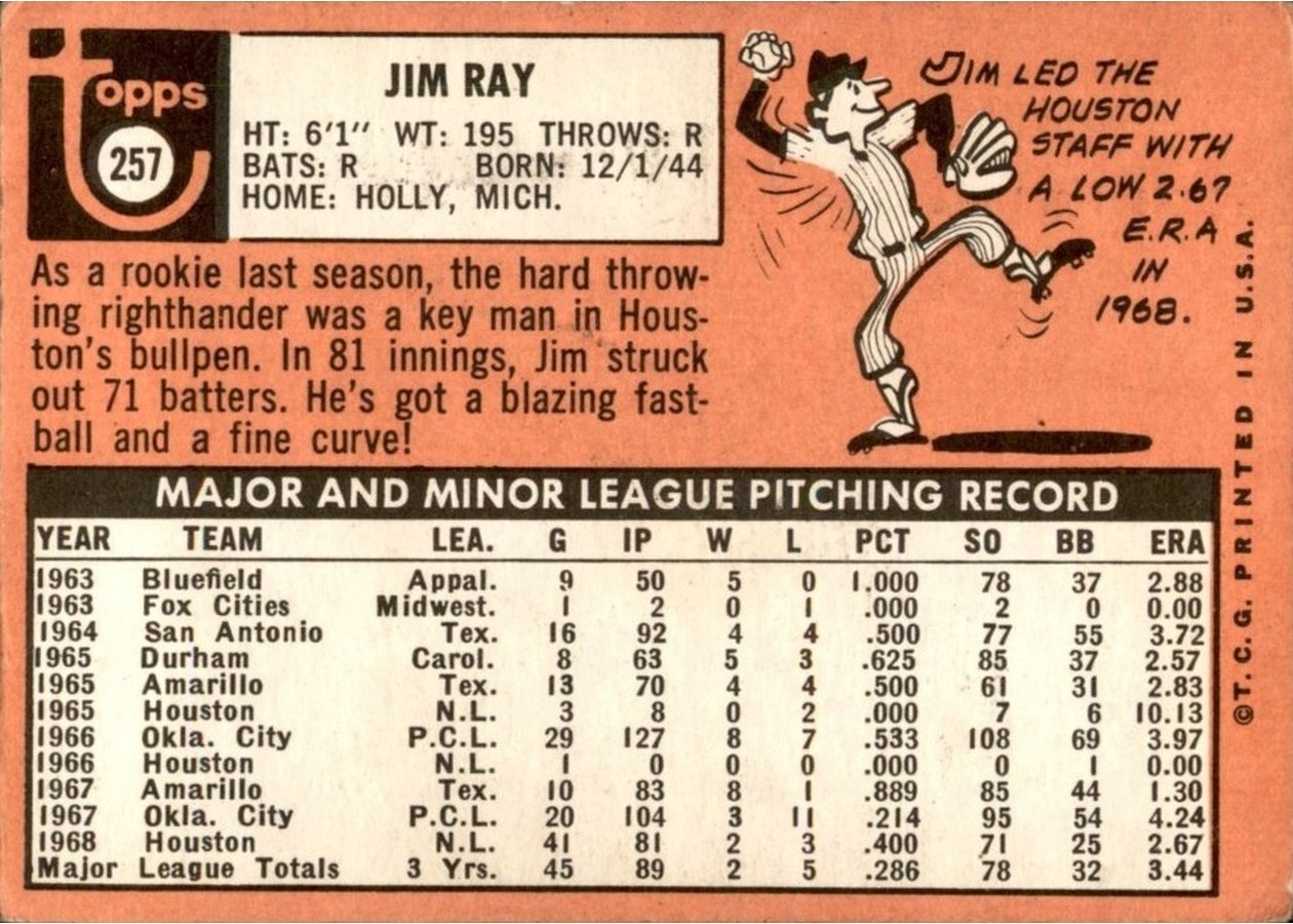 1969 Topps #257 Jim Ray card back