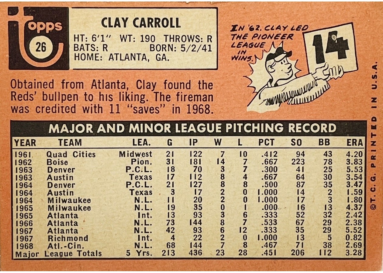 1969 Topps #26 Clay Carroll card back