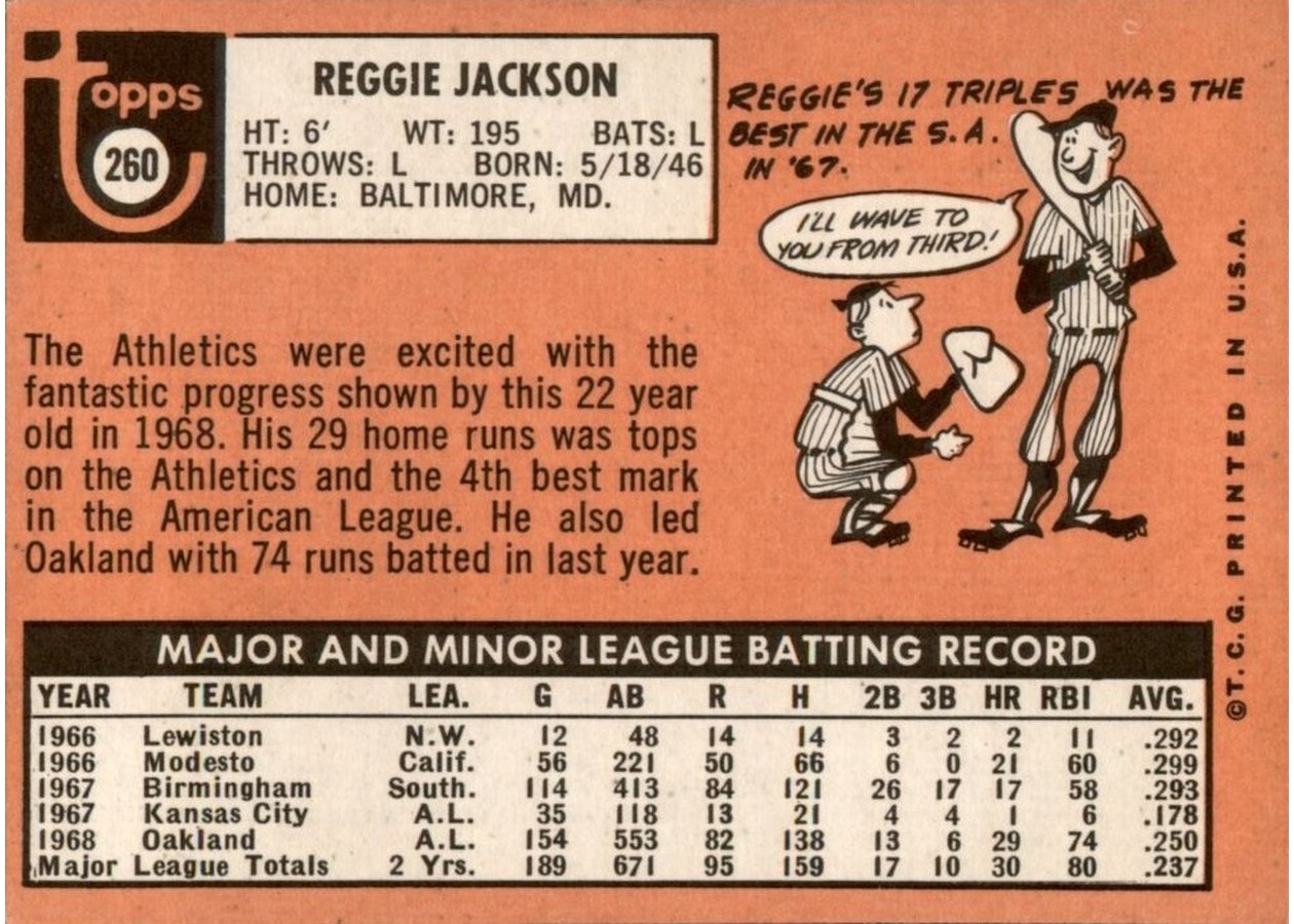 1969 Topps #260 Reggie Jackson card back