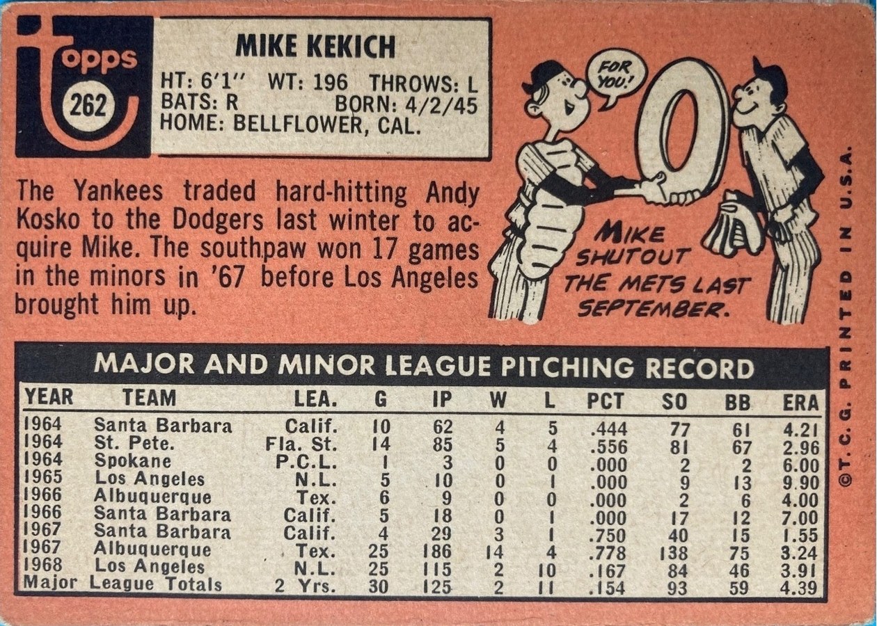 1969 Topps #262 Mike Kekich card back