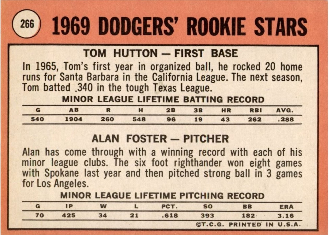 1969 Topps #266 Dodgers 1969 Rookie Stars card back
