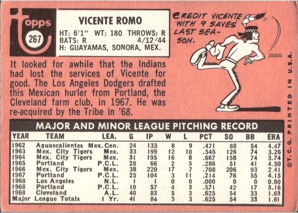 1969 Topps #267 Vicente Romo card back