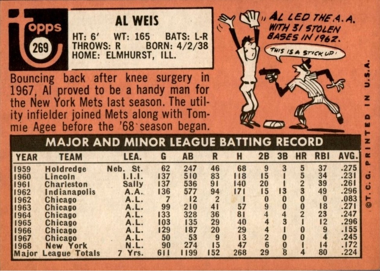 1969 Topps #269 Al Weis card back