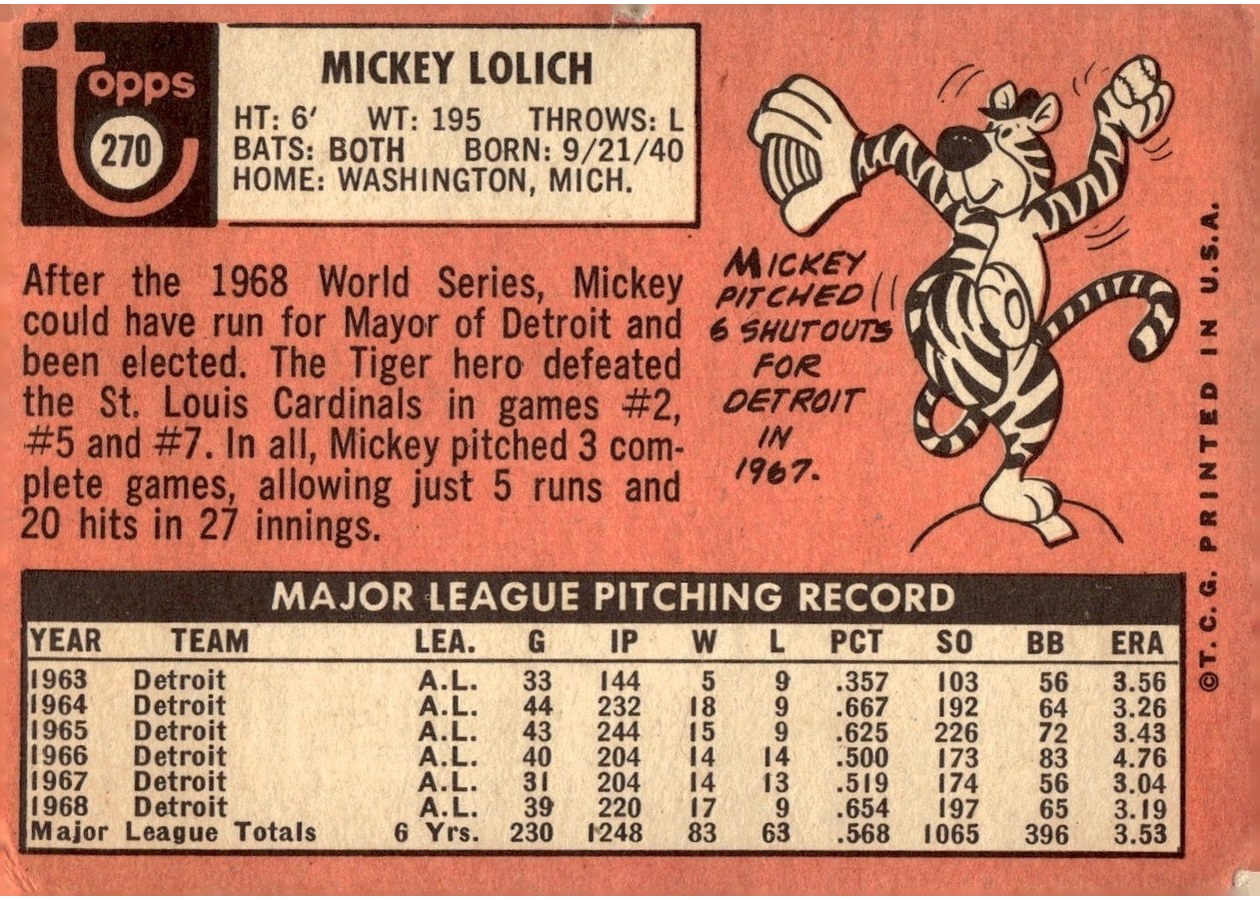 1969 Topps #270 Mickey Lolich card back