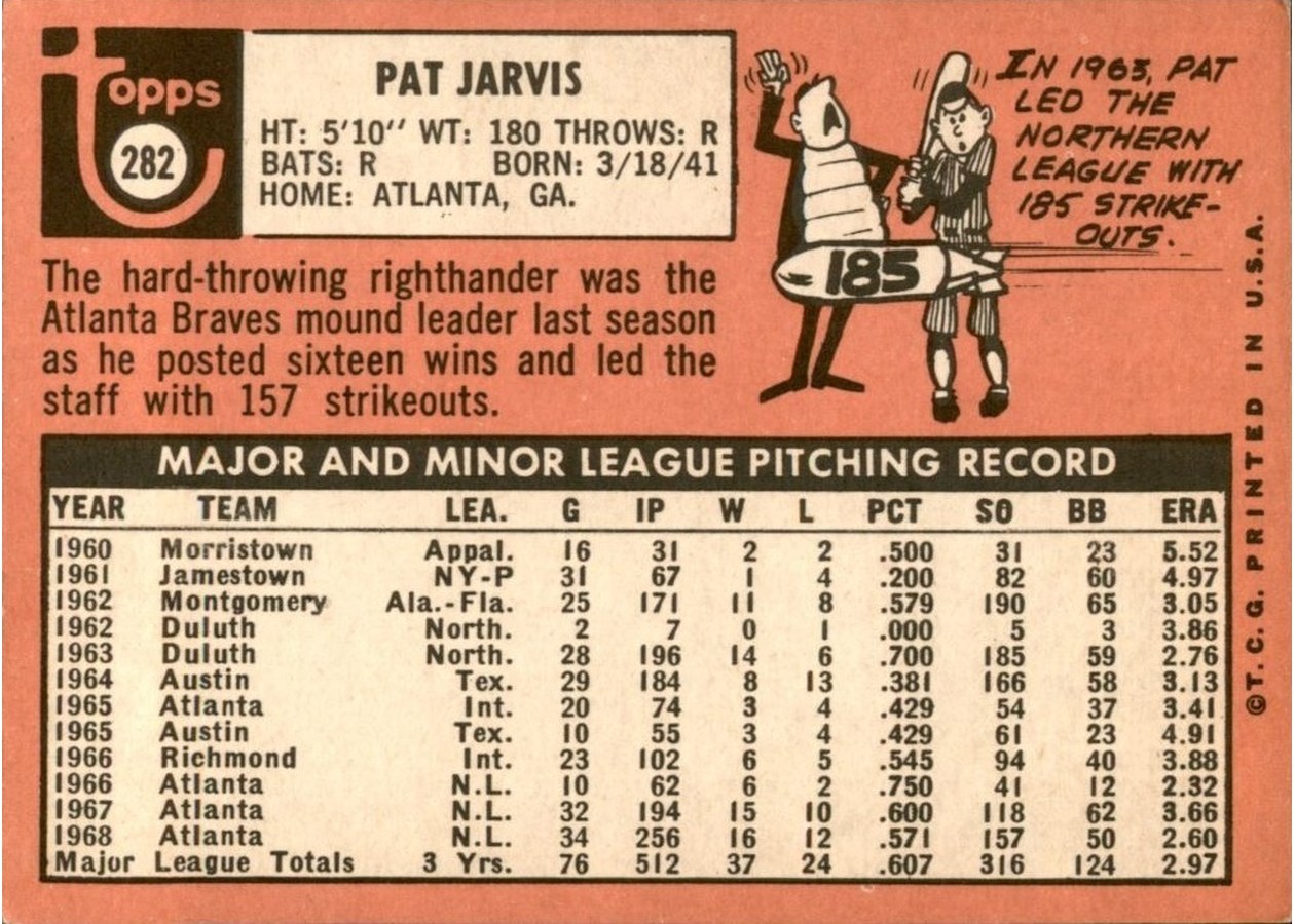 1969 Topps #282 Pat Jarvis card back