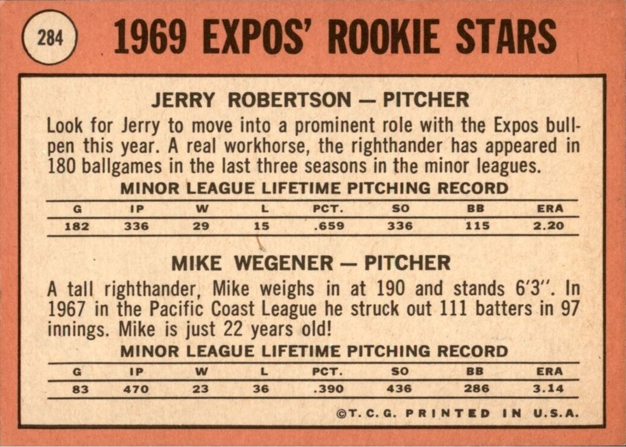 1969 Topps #284 Expos 1969 Rookie Stars card back