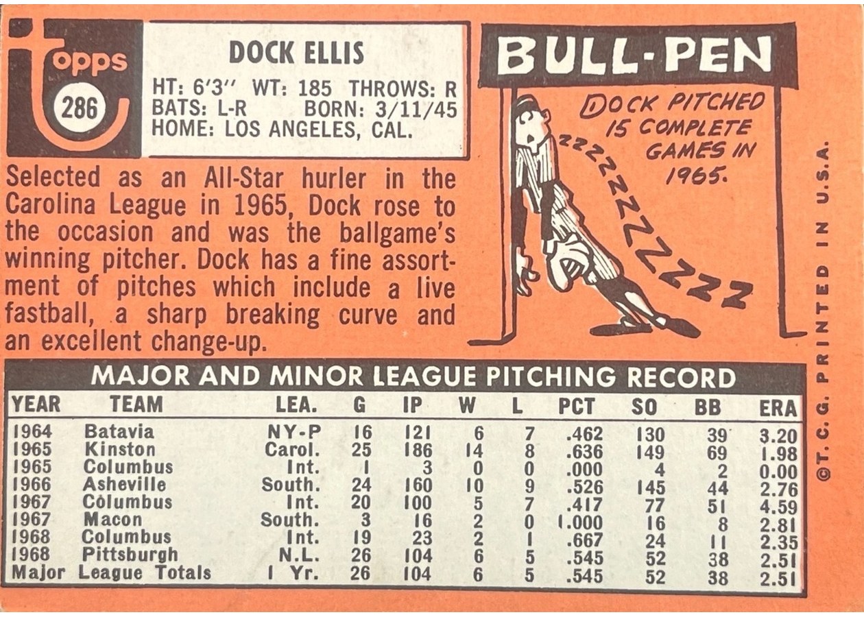 1969 Topps #286 Dock Ellis card back