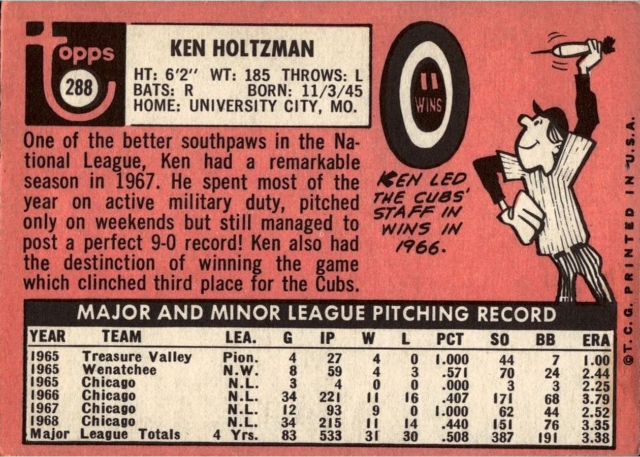 1969 Topps #288 Ken Holtzman card back