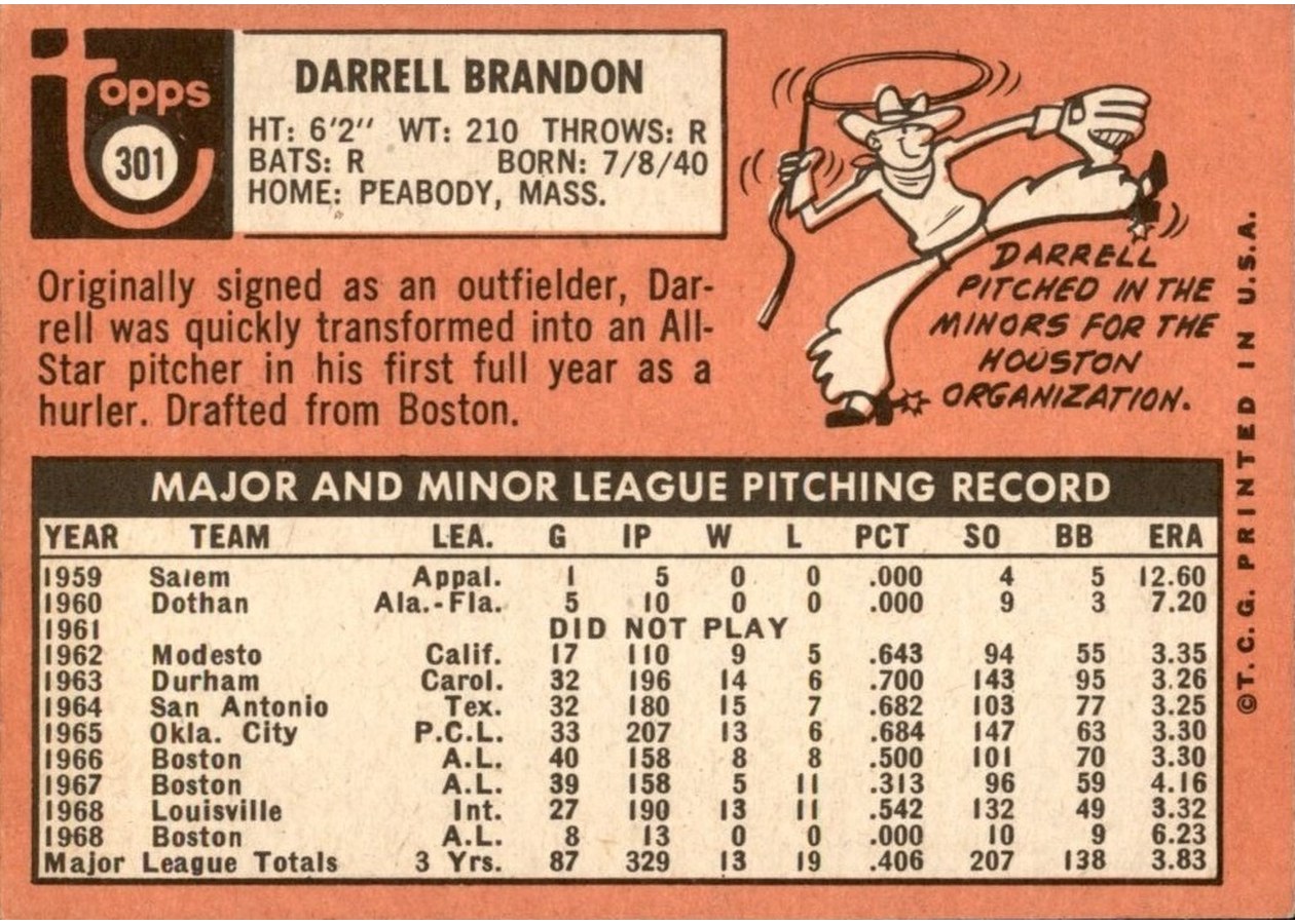 1969 Topps #301 Darrell Brandon card back