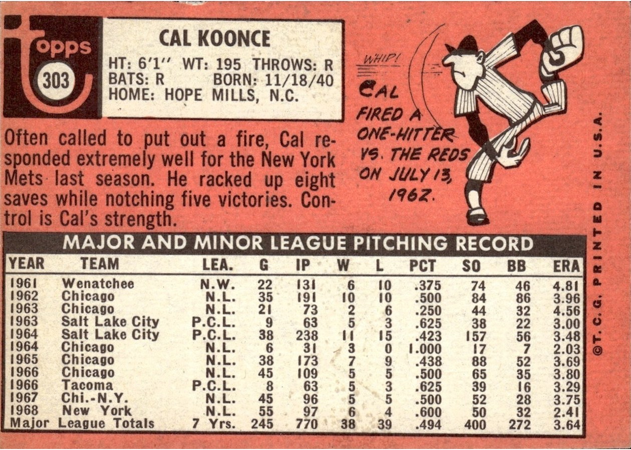 1969 Topps #303 Cal Koonce card back