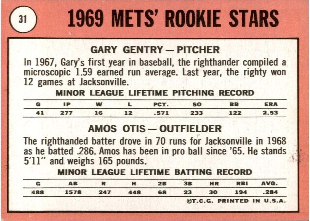 1969 Topps #31 Mets 1969 Rookie Stars card back