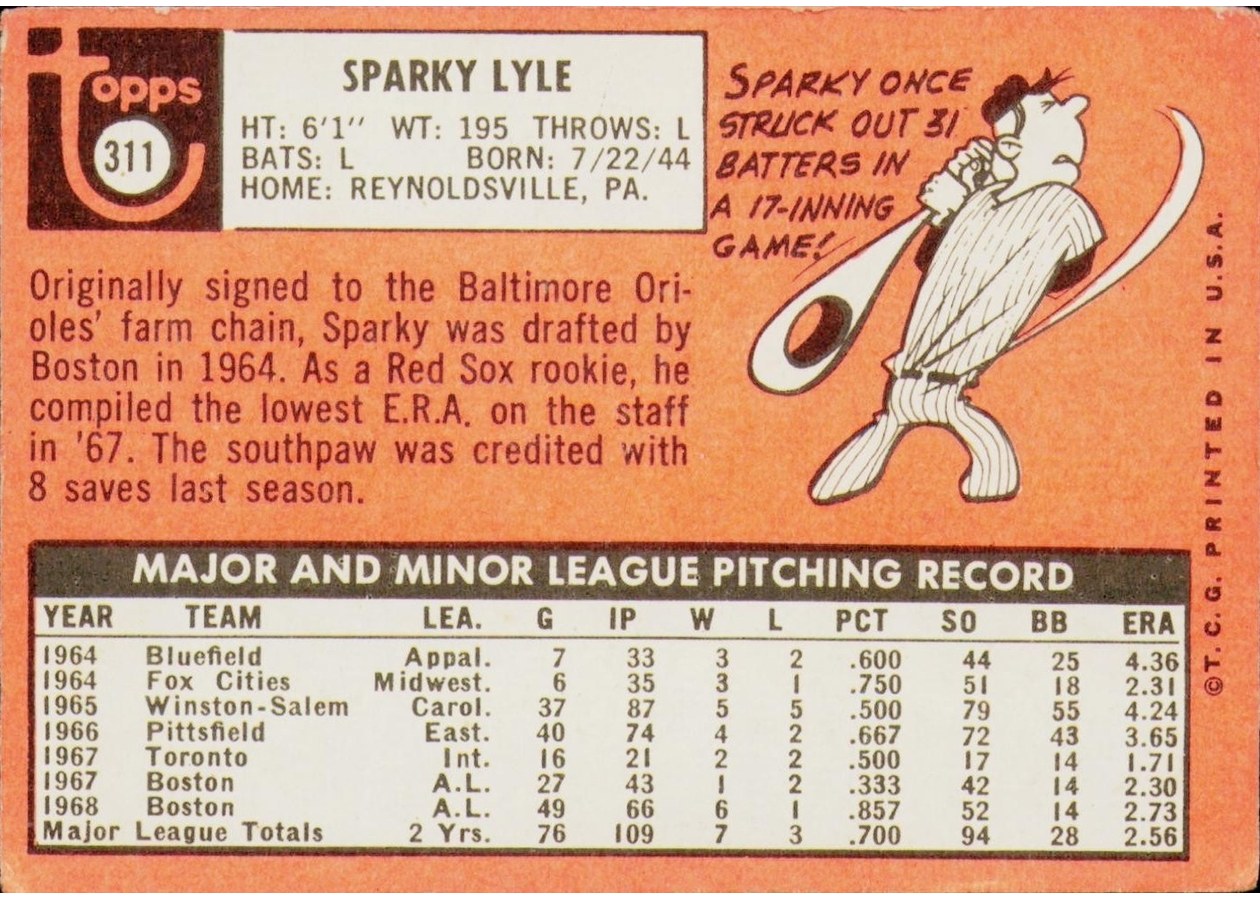 1969 Topps #311 Sparky Lyle card back